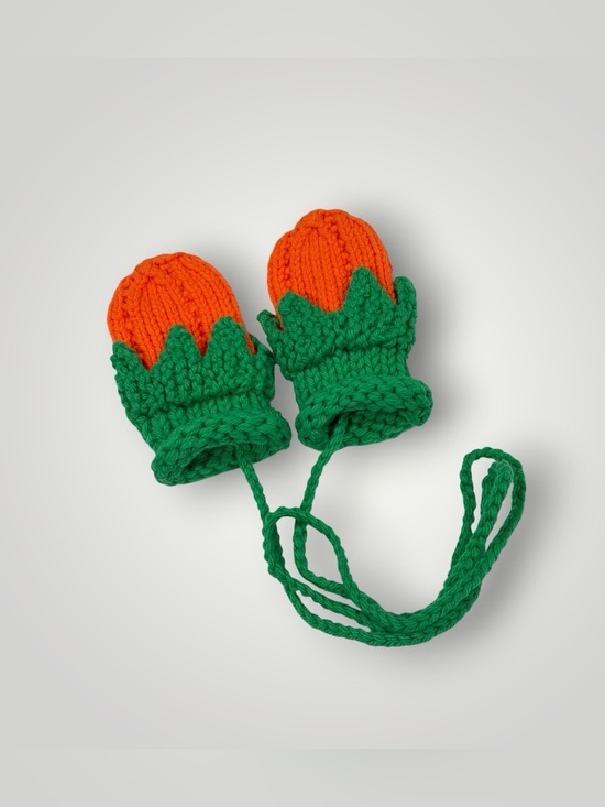 Other - Hand-Knit Orange & Green Kids Mittens with Attached String  0-12 Months